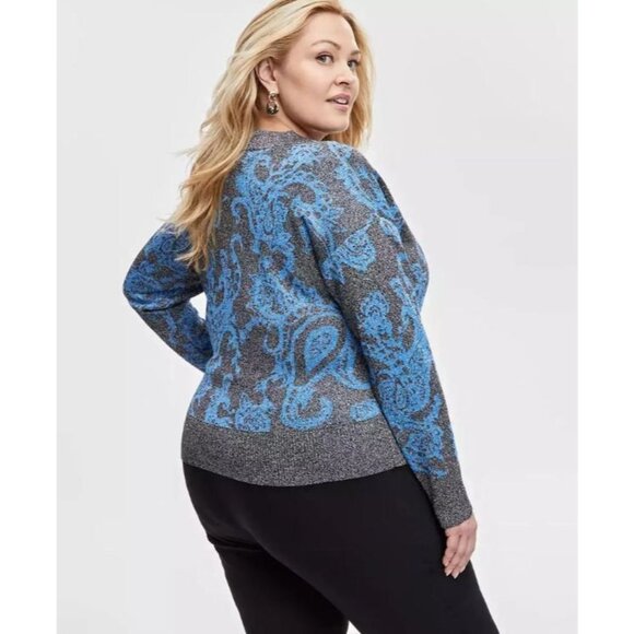 JM Collection Womens Plus 4X Metallic Threaded Cardigan Sweater Blue Black - Picture 3 of 13